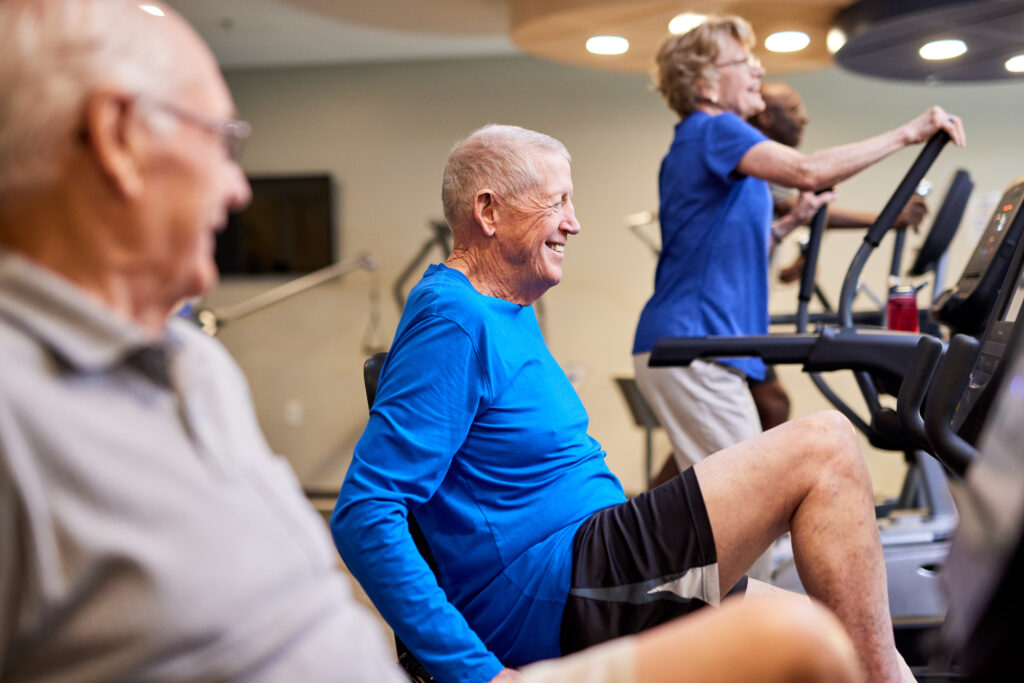 Seniors exercising together as part of the wellness programs at Croasdaile Village, a CCRC in Durham, NC.